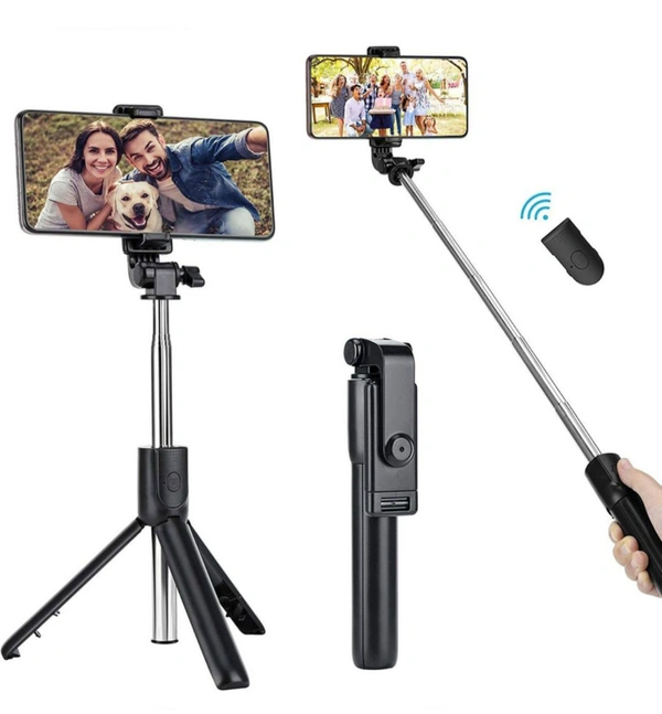 PROFITKART  R1 Bluetooth Selfie Stick with Remote, 3- in-1 Multifunctional Selfie Stick, Tripod, Monopod Stand & Mobile Stand Compatible with All Mobile Phones Bluetooth Selfie Stick (Black, Remote Included) - Black