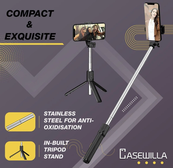 PROFITKART  R1 Bluetooth Selfie Stick with Remote, 3- in-1 Multifunctional Selfie Stick, Tripod, Monopod Stand & Mobile Stand Compatible with All Mobile Phones Bluetooth Selfie Stick (Black, Remote Included) - Black