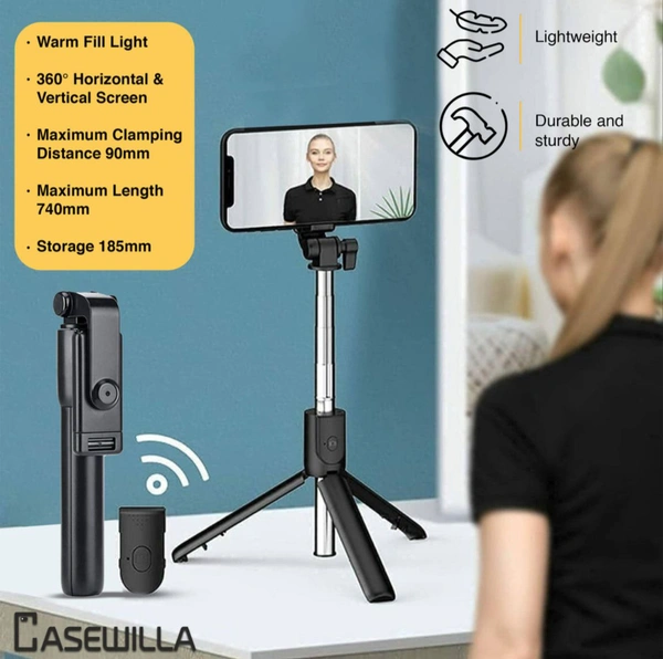 PROFITKART  R1 Bluetooth Selfie Stick with Remote, 3- in-1 Multifunctional Selfie Stick, Tripod, Monopod Stand & Mobile Stand Compatible with All Mobile Phones Bluetooth Selfie Stick (Black, Remote Included) - Black