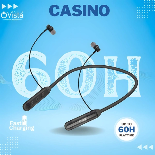Ovista Bluetooth Neckband | 60H Playtime, Deep Bass & Sweat Resistant (casino) - Black