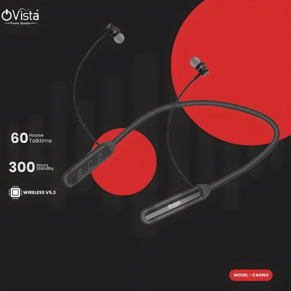 Ovista Bluetooth Neckband | 60H Playtime, Deep Bass & Sweat Resistant (casino) - Black
