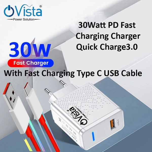 Ovista 30Watt PD Charger| Fast Charging Wall Adapter| Quick Charge 3.0 Phone Charging| and USB to Type C 100 cm Cable Compatible with Oneplus, Samsung, Realme, Xiaomi and Oppo Mobiles, Dash, Warp, Vooc, Supervooc All Protocols Supported
