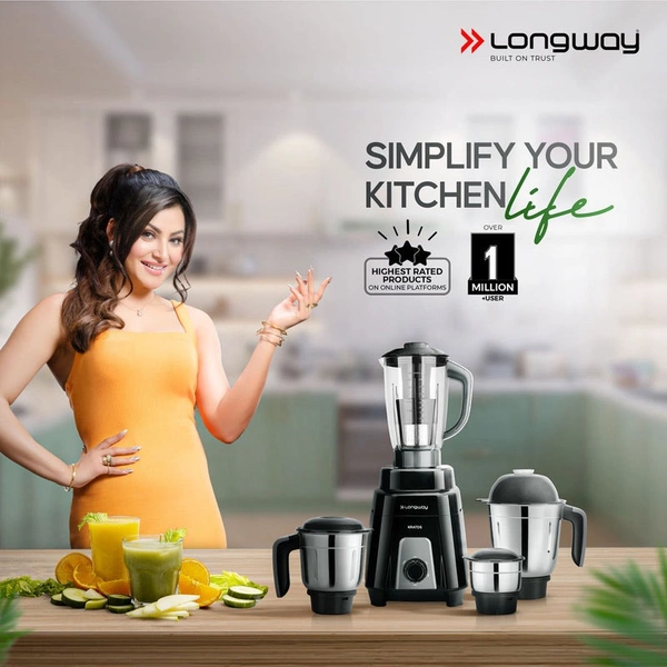 Longway Kratos 1000 Watt Juicer Mixer Grinder With 4 Jars For Grinding, Mixing, Juicing With Powerful Motor | 1 Year Warranty | (Black, 4 Jars)