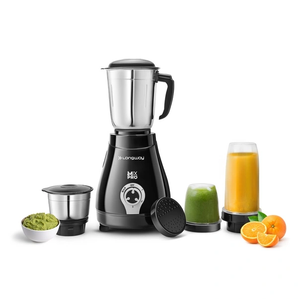 Longway Mix Pro 550 Watt Mixer Grinder With 4 Jars For Grinding, Mixing, Blending, Juicing With Powerful Motor | 2 Year Warranty | (Black, 4 Jars)