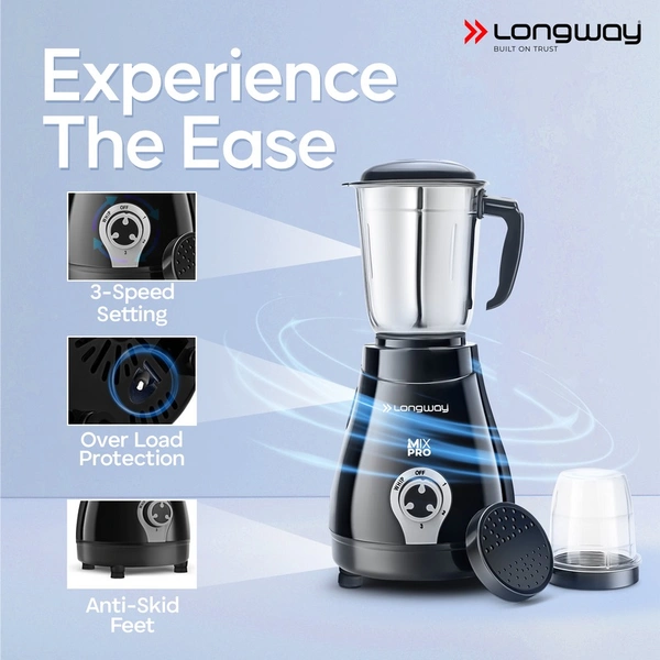 Longway Mix Pro 550 Watt Mixer Grinder With 4 Jars For Grinding, Mixing, Blending, Juicing With Powerful Motor | 2 Year Warranty | (Black, 4 Jars)