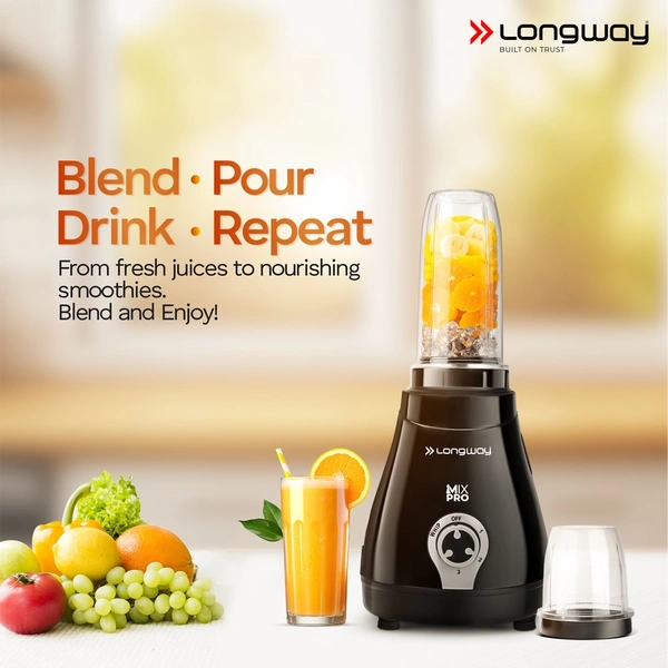 Longway Mix Pro 550 Watt Mixer Grinder With 4 Jars For Grinding, Mixing, Blending, Juicing With Powerful Motor | 2 Year Warranty | (Black, 4 Jars)