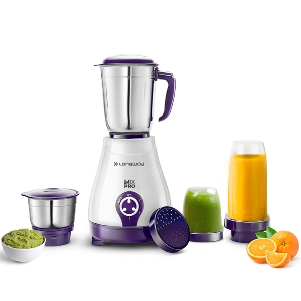 Longway Mix Pro 550 Watt Mixer Grinder With 4 Jars For Grinding, Mixing, Blending, Juicing With Powerful Motor | 2 Year Warranty | (Purple, 4 Jars) 