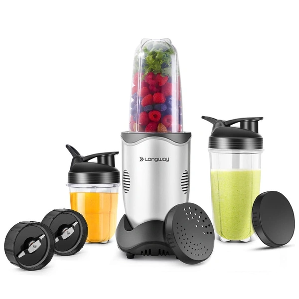 Longway Nutri Power 600 W Bullet Mixer Grinder & Smoothie Maker With Stainless Steel Blades & ABS Plastic Body | 22000 RPM | 3 Years Warranty (3 Jars, Silver)