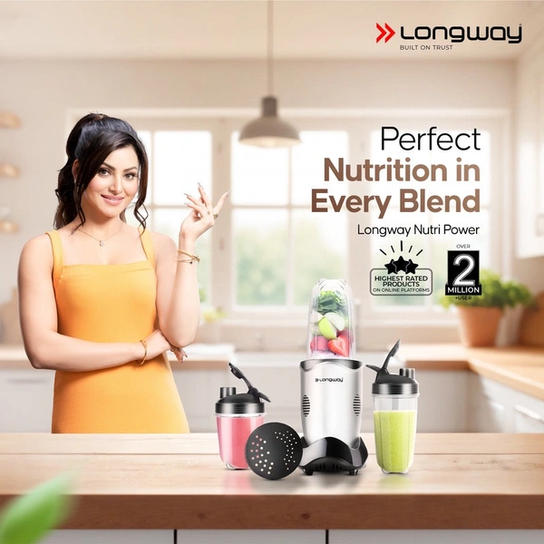 Longway Nutri Power 600 W Bullet Mixer Grinder & Smoothie Maker With Stainless Steel Blades & ABS Plastic Body | 22000 RPM | 3 Years Warranty (3 Jars, Silver)