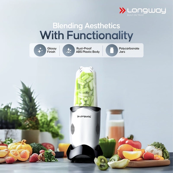 Longway Nutri Power 600 W Bullet Mixer Grinder & Smoothie Maker With Stainless Steel Blades & ABS Plastic Body | 22000 RPM | 3 Years Warranty (3 Jars, Silver)