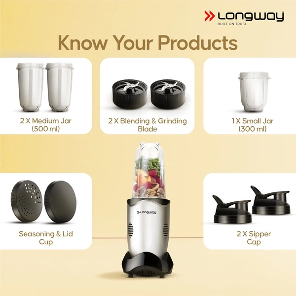 Longway Nutri Power 600 W Bullet Mixer Grinder & Smoothie Maker With Stainless Steel Blades & ABS Plastic Body | 22000 RPM | 3 Years Warranty (3 Jars, Silver)