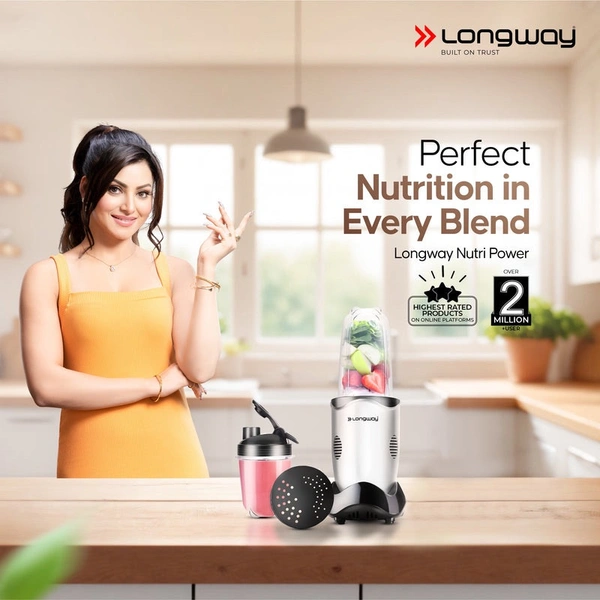 Longway Nutri Power 600 W Bullet Mixer Grinder & Smoothie Maker With Stainless Steel Blades & ABS Plastic Body | 22000 RPM | 3 Years Warranty (2 Jars, Silver)
