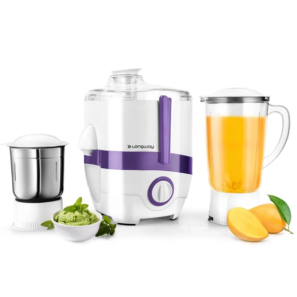 Longway Juicy 600 Watt Juicer Mixer Grinder With 2 Jars For Grinding, Mixing, Juicing With Powerful Motor | 1 Year Warranty (2 Jars, Purple) - Purple