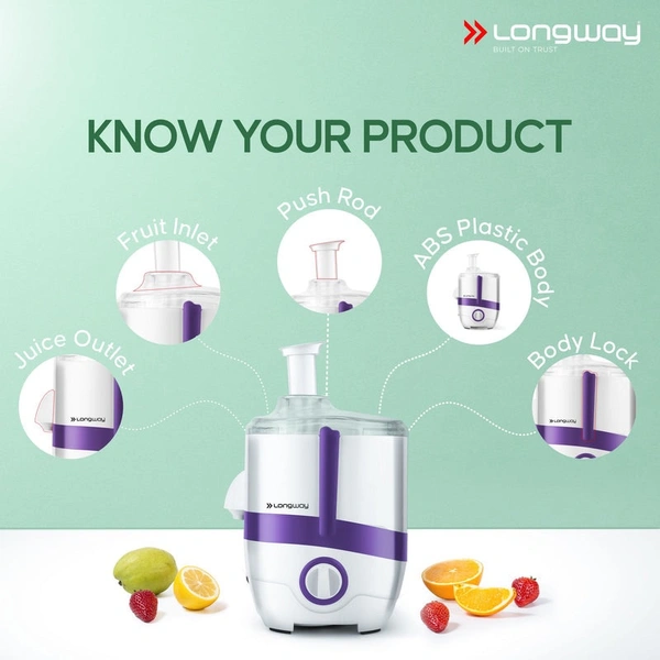 Longway Juicy 600 Watt Juicer Mixer Grinder With 2 Jars For Grinding, Mixing, Juicing With Powerful Motor | 1 Year Warranty (2 Jars, Purple) - Purple
