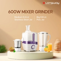 Longway Juicy 600 Watt Juicer Mixer Grinder With 2 Jars For Grinding, Mixing, Juicing With Powerful Motor | 1 Year Warranty (2 Jars, Purple) - Purple