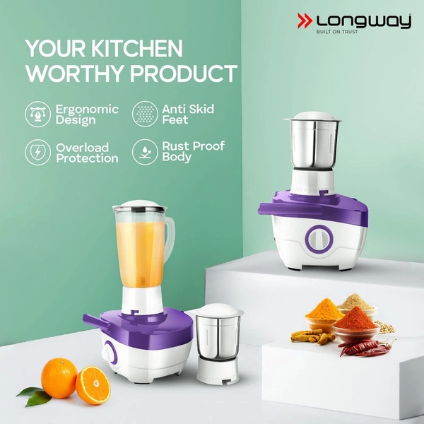 Longway Juicy 600 Watt Juicer Mixer Grinder With 2 Jars For Grinding, Mixing, Juicing With Powerful Motor | 1 Year Warranty (2 Jars, Purple) - Purple