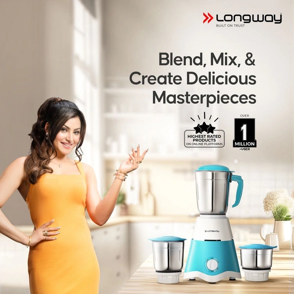 Longway Super Dlx 700 Watt Mixer Grinder With 3 Jars For Grinding, Mixing With Powerful Motor | 1 Year Warranty | (White & Blue, 3 Jars)
