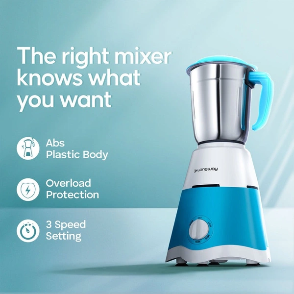 Longway Super Dlx 700 Watt Mixer Grinder With 3 Jars For Grinding, Mixing With Powerful Motor | 1 Year Warranty | (White & Blue, 3 Jars)