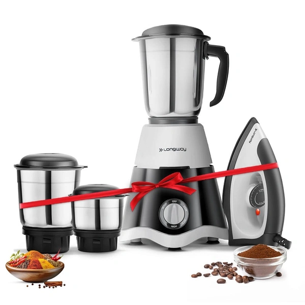 Longway Super Dlx 700 Watt Mixer Grinder With 3 Jars For Grinding, Mixing With Powerful Motor & Kwid 1100 Watt Dry Iron | 1 Year Warranty | (Black & Gray, Combo Offer)