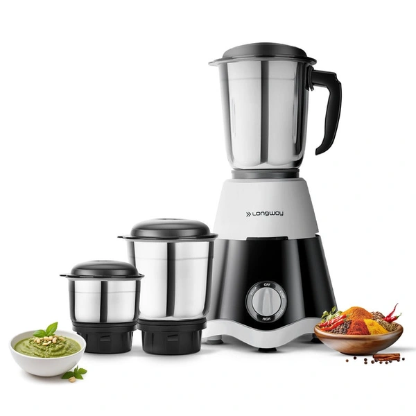 Longway Super Dlx 700 Watt Mixer Grinder With 3 Jars For Grinding, Mixing With Powerful Motor | 1 Year Warranty | (Black & Gray, 3 Jars)