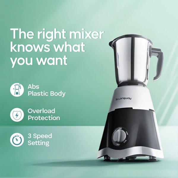 Longway Super Dlx 700 Watt Mixer Grinder With 3 Jars For Grinding, Mixing With Powerful Motor | 1 Year Warranty | (Black & Gray, 3 Jars)