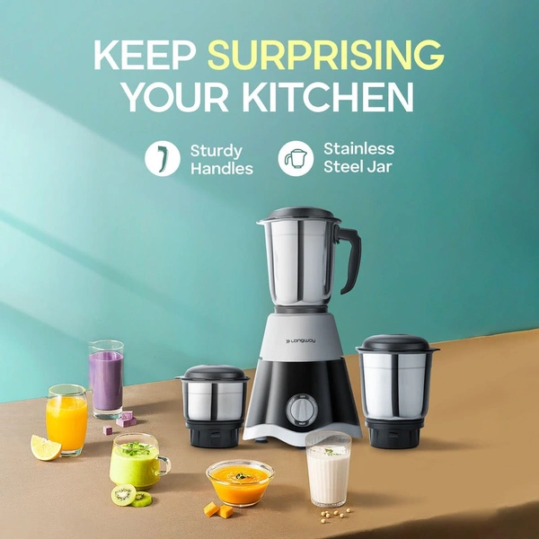Longway Super Dlx 700 Watt Mixer Grinder With 3 Jars For Grinding, Mixing With Powerful Motor | 1 Year Warranty | (Black & Gray, 3 Jars)