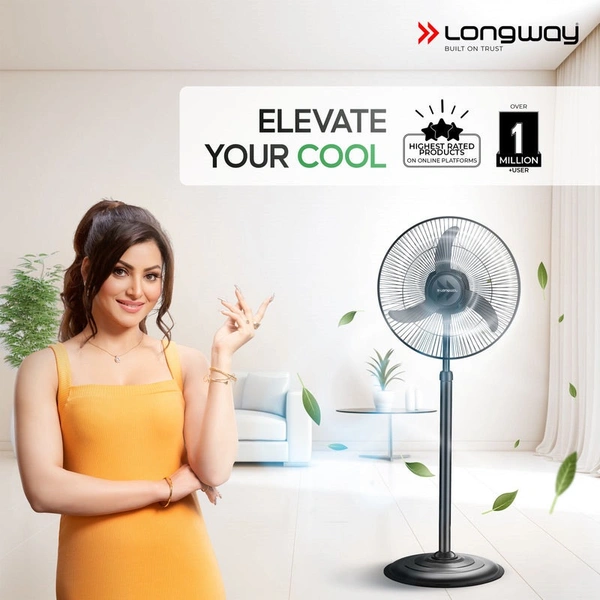 Longway Bolt Black Pedestal Fan, P1 400 Mm, Ultra High Speed, 3 Blade, Decorative Star Rated (Black, Pack Of 1)