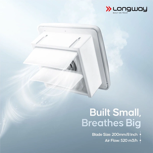 Longway Ventura 8 Inch 200 Mm Energy Efficient Exhaust Fan | High Speed Powerful Motor | Noiseless Operation & Easy To Clean | Rust Proof With Anti Dust Shutters |Suitable For Bathroom, Kitchen, Office | 2 Years Warranty (White)