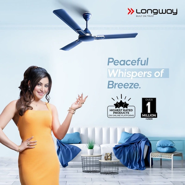 Longway Wave P2 1200 Mm/48 Inch 400 RPM Ultra High Speed 3 Blade Star Rated Anti-Dust Decorative Ceiling Fan (Silver Blue, Pack Of 2)