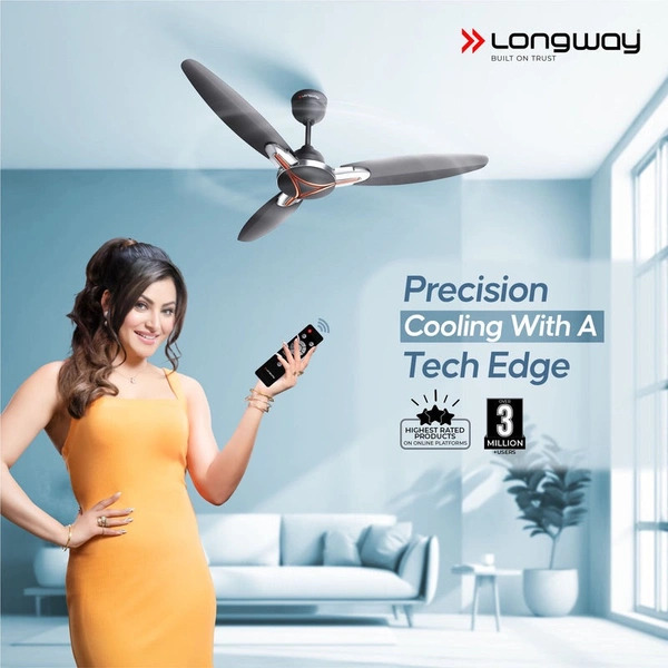 Longway Zephyr 1200 Mm BLDC Ceiling Fan With Remote Control | BEE 5 Star Rated Energy Efficient | Ultra High Speed 3 Blade Anti-Dust Decorative Ceiling Fan | 3 Years Warranty (Smoked Brown, Pack Of 1)