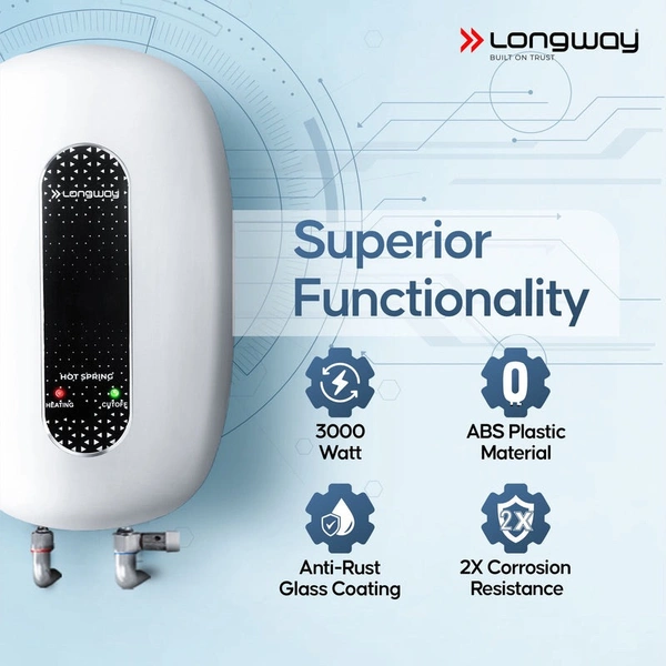 Longway Hotspring 3 Ltr Automatic Instant Water Heater With Multiple Safety System & Rust-Proof ABS Body (White, 3 Ltr)