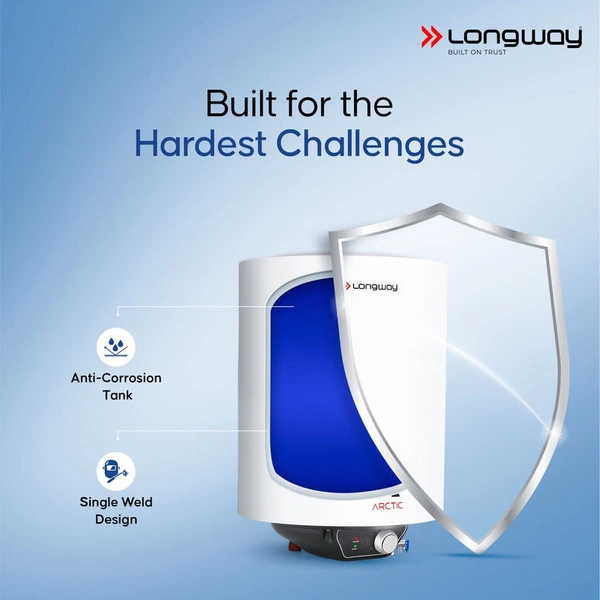 Longway Arctic 10 Ltr 5 Star Rated Storage Water Heater For Home With Advanced Multi-Layered Safety System & Anti-Rust Coating | Glassline Coated Tank | Suitable For Hard Water & High-Rise Building | 5 Years Warranty (White)