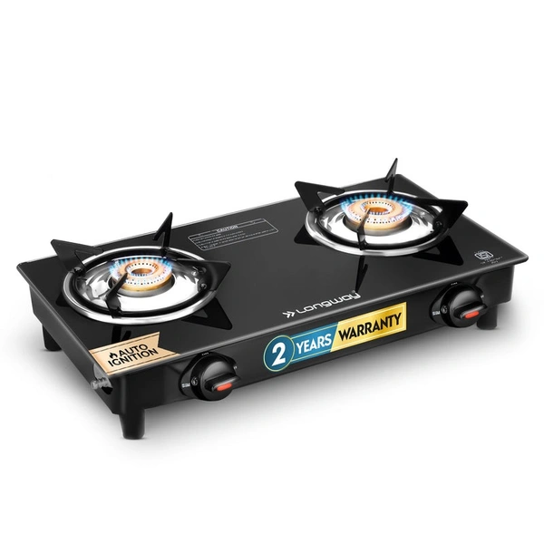 Longway Furn Glass Top, 2 Burner Auto Ignition Glass Gas Stove (Black, ISI Certified) 