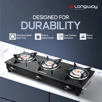 Longway Furn Glass Top, 3 Burner Auto Ignition Glass Gas Stove (Black, ISI Certified)