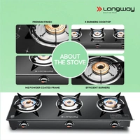 Longway Furn Glass Top, 3 Burner Auto Ignition Glass Gas Stove (Black, ISI Certified)