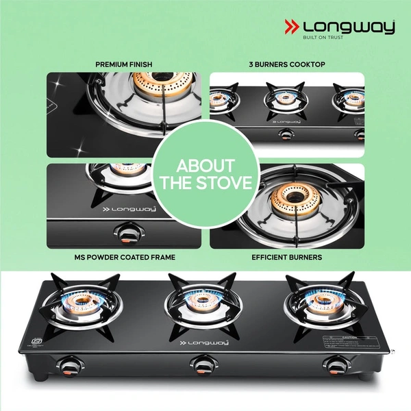 Longway Furn Glass Top, 3 Burner Auto Ignition Glass Gas Stove (Black, ISI Certified)