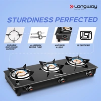 Longway Furn Glass Top, 3 Burner Auto Ignition Glass Gas Stove (Black, ISI Certified)