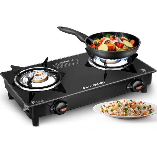Longway Furn Glass Top, 2 Burner Manual Ignition Glass Gas Stove (Black, ISI Certified, 1 Year Warranty) 