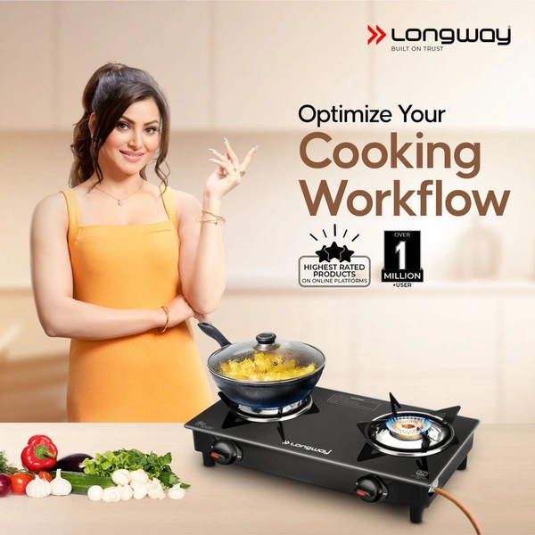 Longway Furn Glass Top, 2 Burner Manual Ignition Glass Gas Stove (Black, ISI Certified, 1 Year Warranty) 