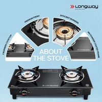 Longway Furn Glass Top, 2 Burner Manual Ignition Glass Gas Stove (Black, ISI Certified, 1 Year Warranty) 