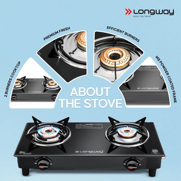 Longway Furn Glass Top, 2 Burner Manual Ignition Glass Gas Stove (Black, ISI Certified, 1 Year Warranty) 