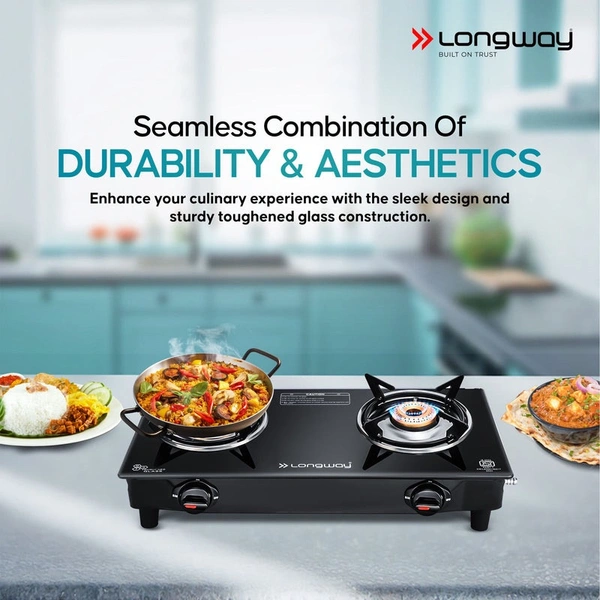 Longway Furn Glass Top, 2 Burner Manual Ignition Glass Gas Stove (Black, ISI Certified, 1 Year Warranty) 