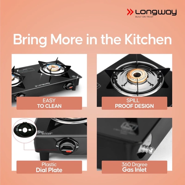 Longway Furn Glass Top, 2 Burner Manual Ignition Glass Gas Stove (Black, ISI Certified, 1 Year Warranty) 