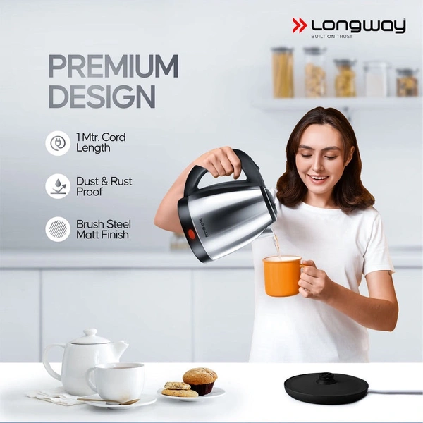 Longway Kestro 1.5 Ltr Electric Kettle With Stainless Steel Body For Boiling, Making Tea, Coffee, Soup, Etc (1500 W, Silver) 