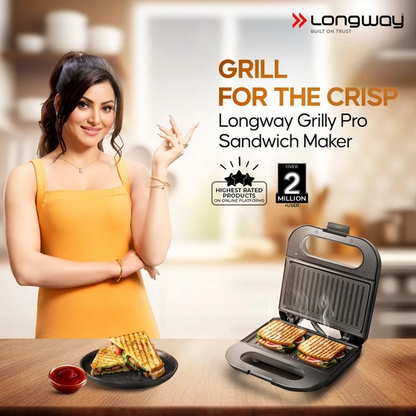Longway Grilly Pro 850 W Grill Sandwich Maker & Toaster | Non-Stick Coating Cast Aluminum Plates | Grills Sandwiches, Bread & Kebabs | 1 Year Warranty (Metallic Silver)