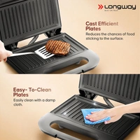 Longway Grilly Pro 850 W Grill Sandwich Maker & Toaster | Non-Stick Coating Cast Aluminum Plates | Grills Sandwiches, Bread & Kebabs | 1 Year Warranty (Metallic Silver)