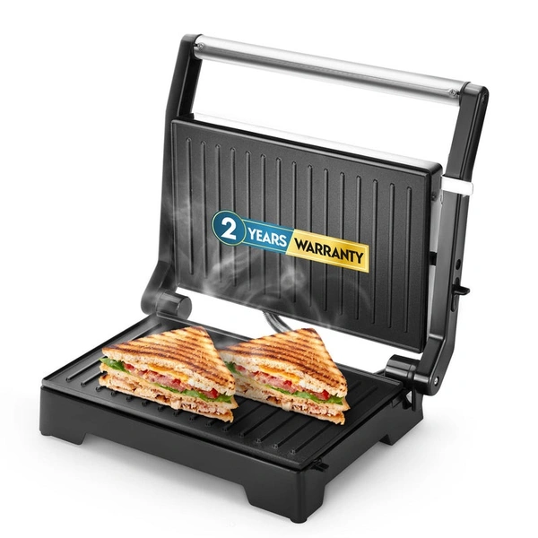 Longway Crisp Master 1000 W Electric Panini Sandwich Maker, Grill & Toaster | Non-Stick Coating Cast Aluminum Plates | Adjustable Height Control & Floating Hinges | Grills Sandwiches, Bread, Burger, Grilled Chicken & Kebabs (Metallic Silver)