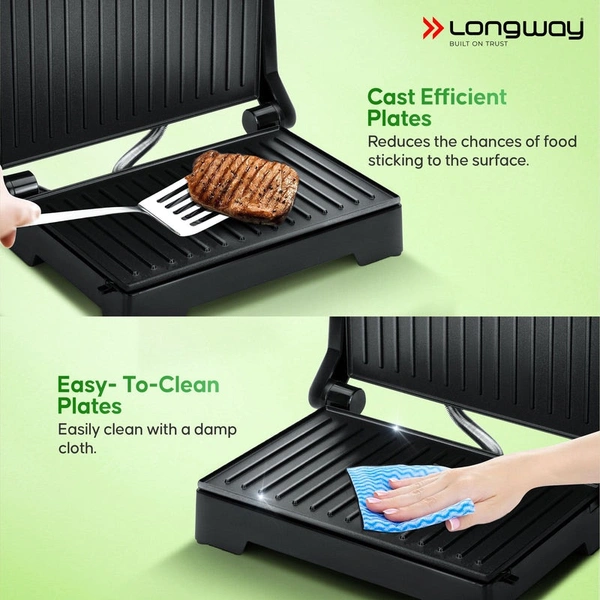 Longway Crisp Master 1000 W Electric Panini Sandwich Maker, Grill & Toaster | Non-Stick Coating Cast Aluminum Plates | Adjustable Height Control & Floating Hinges | Grills Sandwiches, Bread, Burger, Grilled Chicken & Kebabs (Metallic Silver)