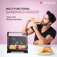 Longway Crisp Master 1000 W Electric Panini Sandwich Maker, Grill & Toaster | Non-Stick Coating Cast Aluminum Plates | Adjustable Height Control & Floating Hinges | Grills Sandwiches, Bread, Burger, Grilled Chicken & Kebabs (Metallic Silver)