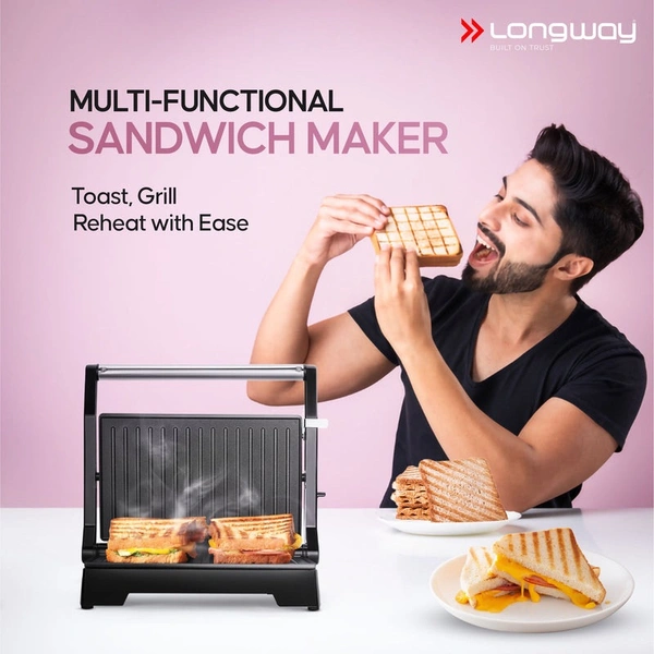 Longway Crisp Master 1000 W Electric Panini Sandwich Maker, Grill & Toaster | Non-Stick Coating Cast Aluminum Plates | Adjustable Height Control & Floating Hinges | Grills Sandwiches, Bread, Burger, Grilled Chicken & Kebabs (Metallic Silver)